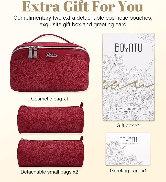 BOYATU Travel Makeup Bags Cosmetic Organizer Bag: 3 Pcs Set Large Capacity Make up Bag with Compartments - Waterproof Leather Toiletry Bags with Handle for Women (A-Red) - Image 7
