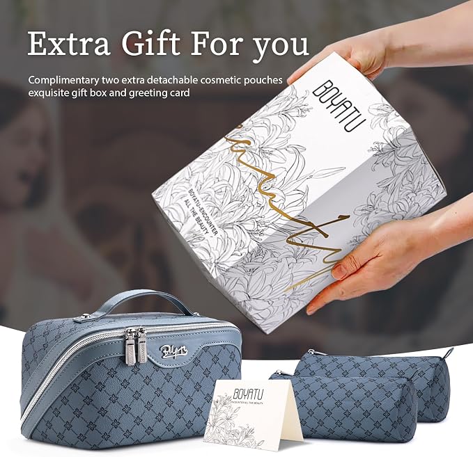 BOYATU Travel Makeup Bag Cosmetic Bags for Women: 3 Pcs Set Large Capacity Make up Bag with Handle - Vegan Leather Toiletry Bags with Compartments - Makeup Organizer for Travel Essentials(A-4-Blue) - Image 6