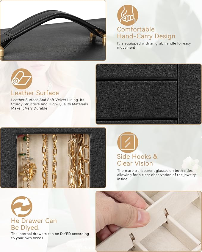 AKOZLIN 6-Tier Jewelry Box Organizer Functional 5 Drawers Leather Jewelry Storage Case for Women Girls Ring Necklace Earring Bracelet Holder Organizer with Mirror Black 360° Rotating - Image 8