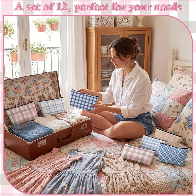 Sweetude 12 Pcs Pastel Plaid Makeup Bag Bulk Buffalo Plaid Portable Travel Cosmetic Bag with Zipper Preppy Checkered Waterproof Roomy Travel Toiletry Organizer Storage Beauty Pouch for Women Gifts - Image 6