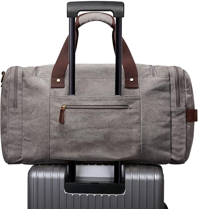 S-ZONE 65L Expandable Canvas Duffle Bag Travel Overnight Holdall Weekend Bag with Shoes Compartment Large Carry On Bag Tote Gym Bag for Men Women, Light Gray, X-Large, Travel Duffle | Water-resistant, X-Large Size, Multi-Pockets, Removable Shoulder Str... - Image 7