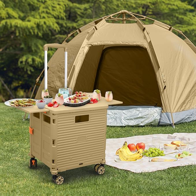 FELICON SELORSS Folding Utility Cart Portable Rolling Crate Handcart-Khaki | Magnetic Sliding Lid,Telescoping Handle,Plastic Box Dolly,360°Swivel Wheels for Travel Shop Move Laundry Office Teacher Use - Image 7