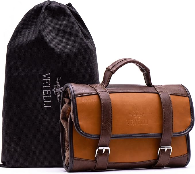 Vetelli Leather Toiletry Bag for Men - Water Resistant, 2 Zippered Internal Pockets, 2 Snap-Fastened Internal Pockets, and Hanging Hook. - Image 11