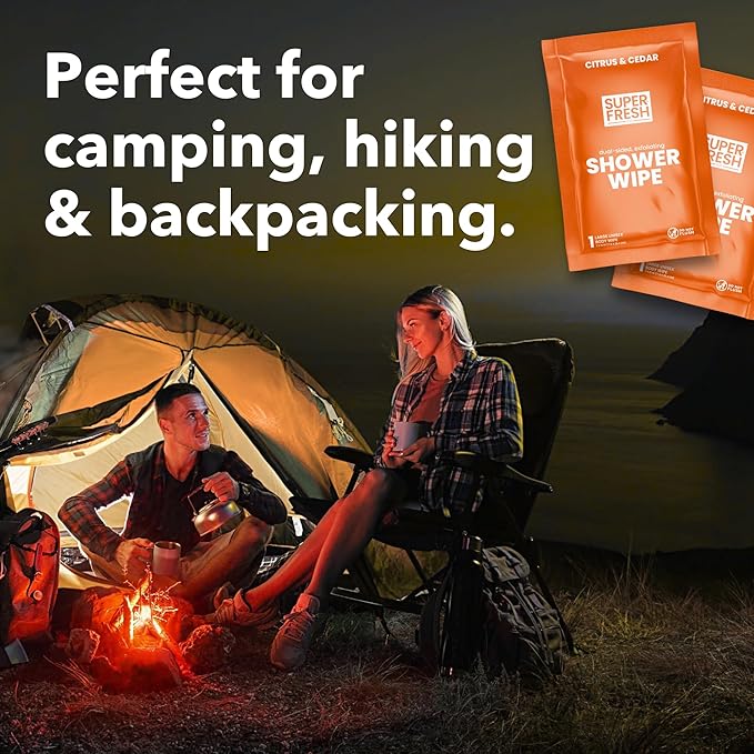 Super Fresh Shower Wipes Large Citrus Body Wipes for No Rinse Bathing Personal Hygiene Gym Travel or Camping Enriched with Aloe and Vitamin E 50 Individually Wrapped Disposable Sheets