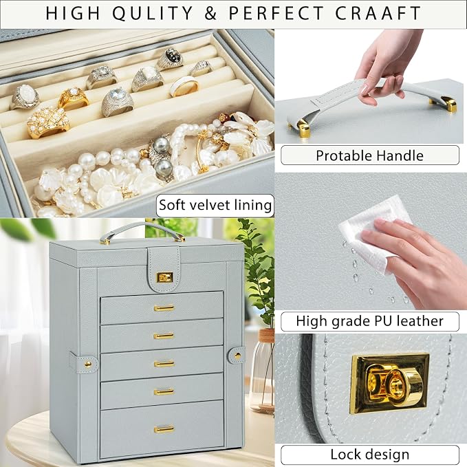 AKOZLIN 6-Tier Jewelry Box Organizer Functional 5 Drawers Leather Jewelry Storage Case for Women Girls Ring Necklace Earring Bracelet Holder Organizer with Mirror Grey Large - Image 8
