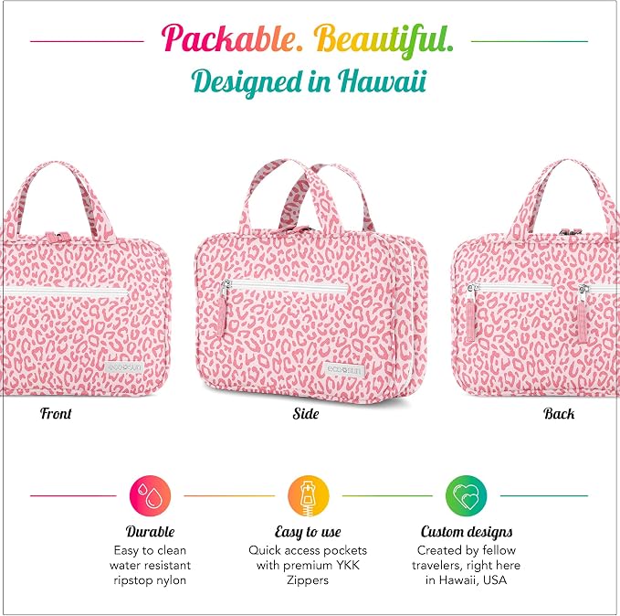 Eco Sun Hanging Travel Toiletry Bag — Designed in Hawaii — Water-resistant Travel Organizer for Bathroom Accessories (Pink Leopard) - Image 7