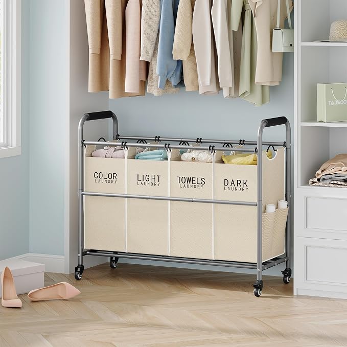 Tajsoon 4 Bag Laundry Sorter Cart, Laundry Sorter 4 Sections, Beige | Laundry Hamper Sorter with Heavy Duty Lockable Wheels, Laundry Separator with Removable Bags, Bedroom, Laundry Room, Bathroom - Image 8