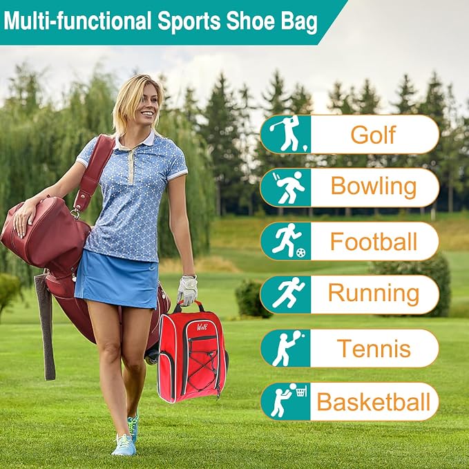 Wolt Golf Shoe Bag - Sports & Travel Shoes Carrier Bags with Ventilation & Double Outside Accessory Pocket for Socks, Tees, Golf Balls, Etc. for Women and Men (Red) - Image 6