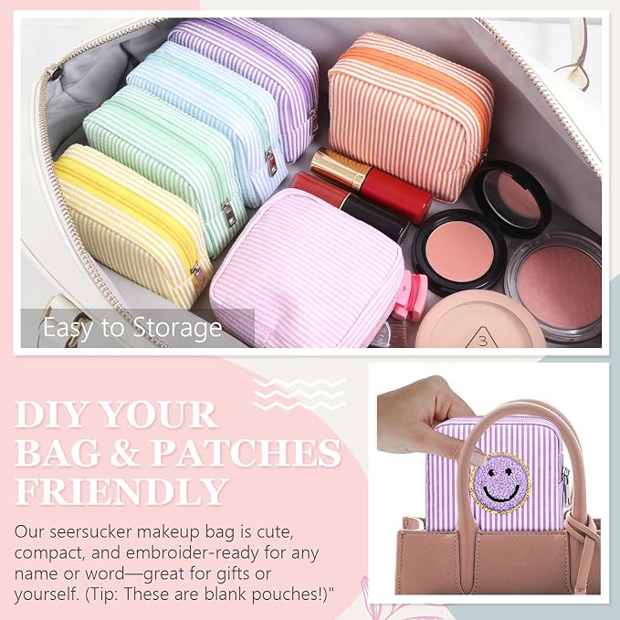 Giesiery 8 Pcs Seersucker Makeup Bags Striped Cosmetic Bags Bulk Organizer for Women Preppy Travel Toiletry Pouch for Wedding Bridesmaid Gifts (Macaron Color, Small) - Image 7