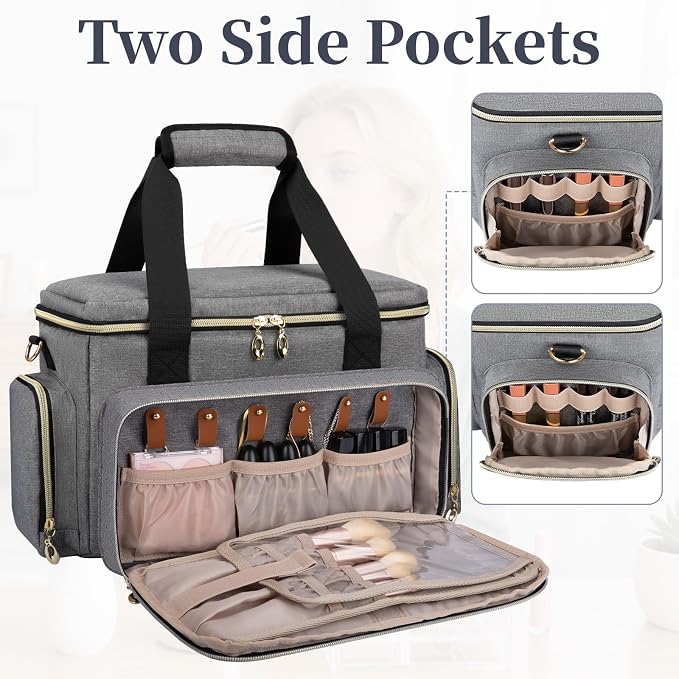 GDNasist Large Makeup Bag, Portable Travel Makeup Bag Organizer for Women Girls with 2 Removable Pouches & Detachable Dividers, Cosmetic Travel Bag, Toiletry Bag for Makeup and Hair Supplies Grey - Image 9