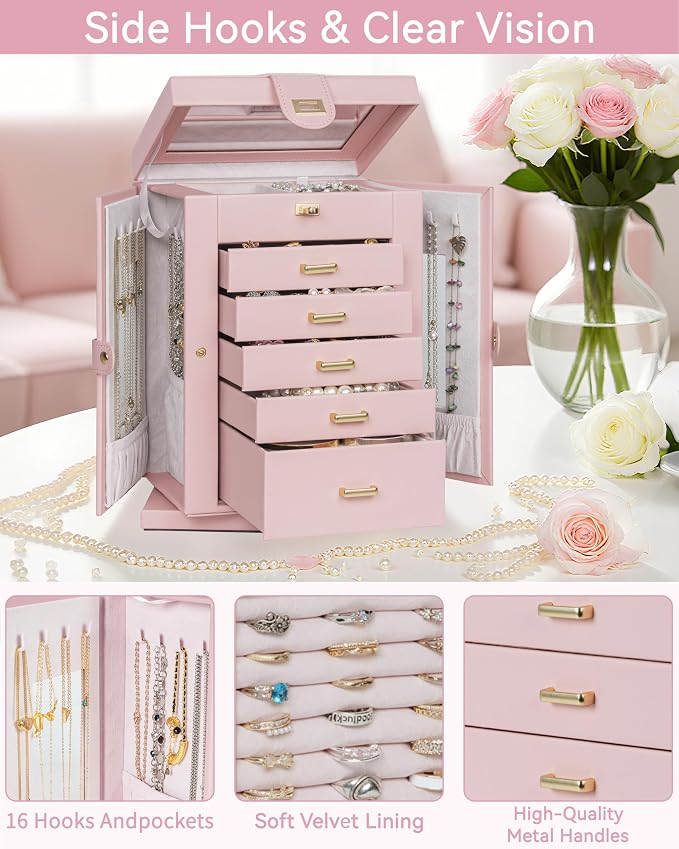 AKOZLIN 6-Tier Jewelry Box Organizer Functional 5 Drawers Leather Jewelry Storage Case for Women Girls Ring Necklace Earring Bracelet Holder Organizer with Mirror Pink 360° Rotating - Image 8