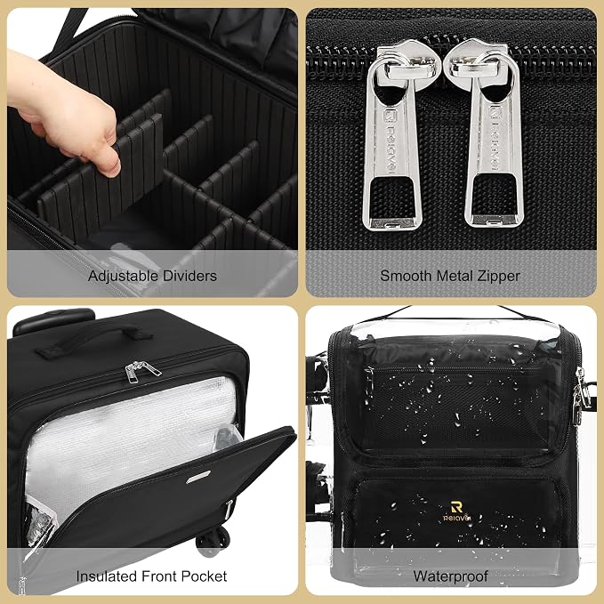 TANTO Rolling Makeup Train Case, Makeup Brushes Holder Extra Large Cosmetology Case on Wheels Professional Salon Travel Cosmetic Organizer for Makeup Artists with 7 Pouches & Swivel Wheels - Image 7