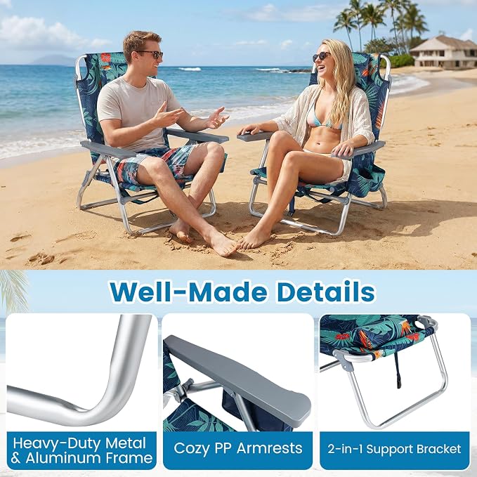 Giantex Folding Beach Chair, Patio Sling Chairs with 5 Adjustable Position, Head Pillow, Storage Bag, Towel Bar, Cup Holders, Backpack Chairs for Sunbathing, Camping Chair - Image 5