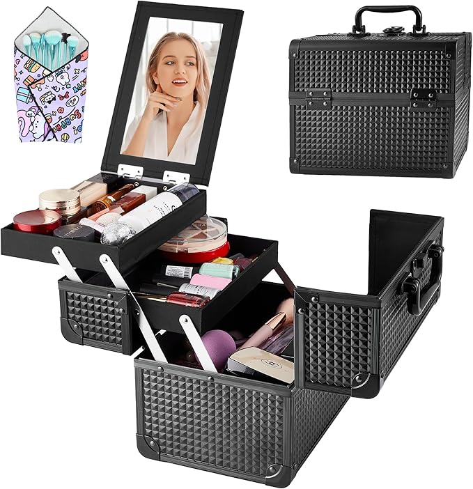 Makeup Train Case, Portable Makeup Case with Mirror, 2-Trays Cosmetic Organizer Case,Nail Polish Organizer, Travel Makeup Box, Profesional for Salon Barber, Black - Image 7