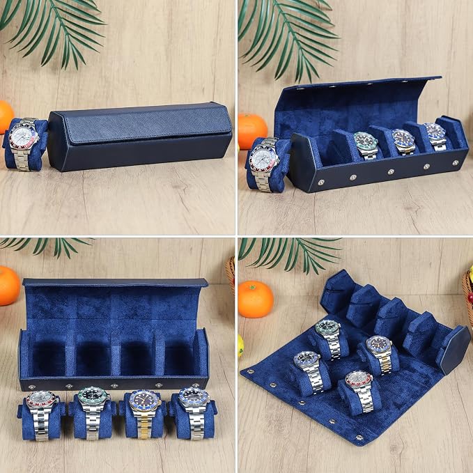 Hiram Genuine Leather Saffiano Leather Watch Roll Travel Case, Leather 4-Watches Roll Case for Treasured Watches and Bracelets(Blue) - Image 8