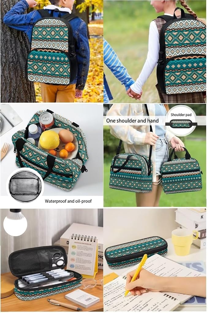 Turquoise Tribal Aztec Backpack with Lunch Box and Pencil Case Girls Comfy Padded Cute School Backpack Set of 3 Bookbag for Student Lightweight Large Capacity Daypack - Image 5