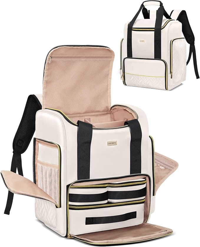 BAFAMYE Large Travel Makeup Bag with 2 Removable Case, Dual-Shoulder Multi-Functional Cosmetic Bag,Double Layer Big Capacity, Portable Toiletry and Skincare Storage Pouch Beige by BAFAMYE