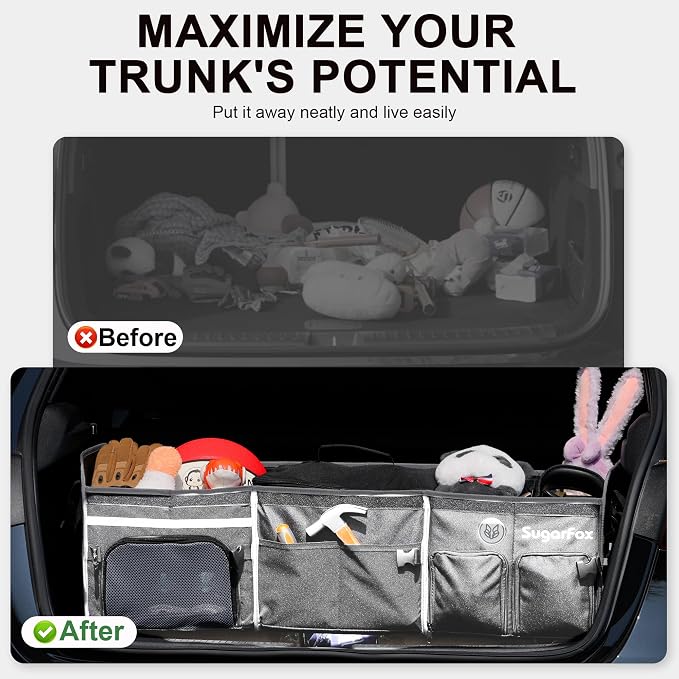 SugarFox Bold Color Block Trunk Organizer | 95L, 35"x13.8"x11.8" | Dedicated Shoe Storage & 26L Ice Pack | Foldable for SUV/Car/Jeep | Car Accessories for Men & Women - Gray-X212 - Image 7