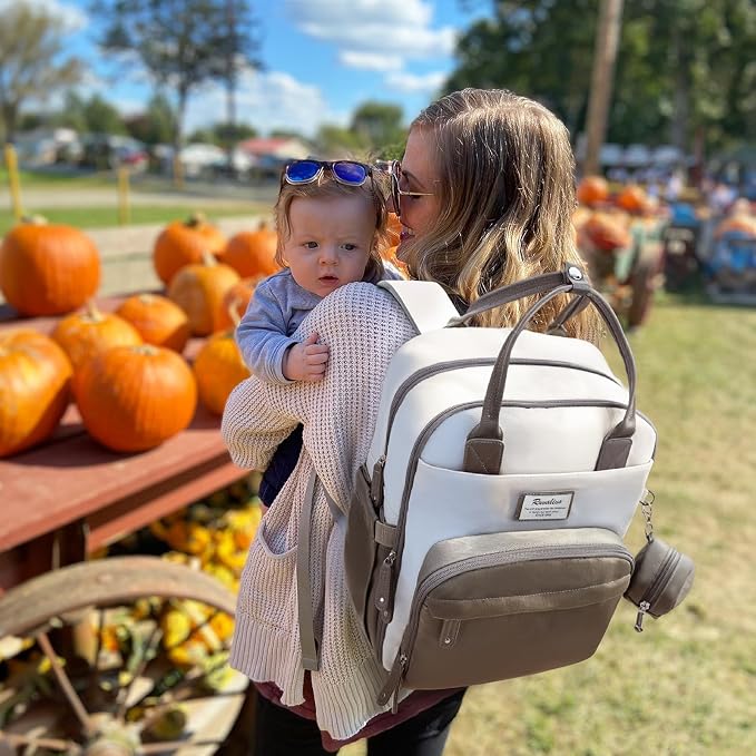RUVALINO Diaper Bag Backpack-Multifunction Baby Travel Bag with Changing pad, Insulated Bottle Holders & Pacifier Case, Large Capacity, Waterproof, Cream & Taupe - Image 8