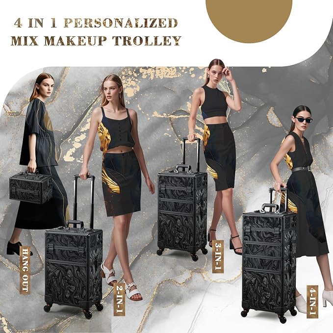 Stagiant Rolling Makeup Case Cosmetology Case on Wheels 4 in 1 Makeup Travel Case Extra Large Cosmetic Box with Key Make Up Artist Traveling Storage Nail Case Salon Barber Cart Trunk Alpine Black - Image 7