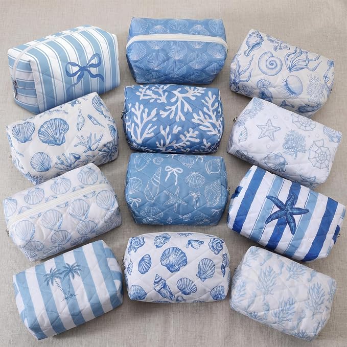 Hillban 12 Pcs Seashell Quilted Cosmetic Bag Bulk for Women Summer Beach Makeup Bag Seashell Themed Zipper Pouch Travel Toiletry Pouch Beach Kit Organizer Pouches Ocean Coastal Party Favor - Image 6