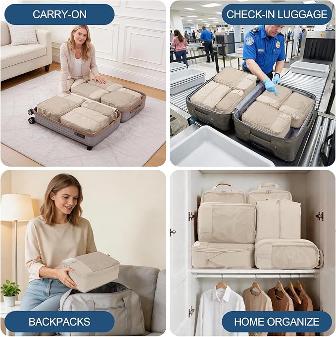 Compression Packing Cubes for Travel - Double Zipper Luggage Organizer Bags for Suitcases (6-Pack, Beige) - Image 9