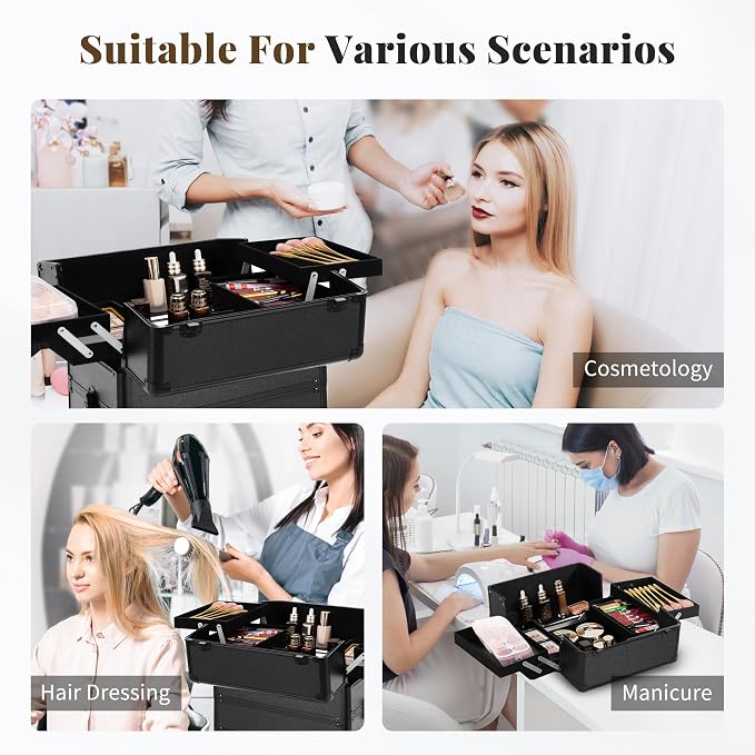 Rolling Makeup Train Case with Lid Cosmetology Case on Wheels | 5 in 1 Large Cosmetic Trolley Organizer Travel for Hairstylist Artist Nail Beauty Salon Barber Cart Trunk, Black - Image 9