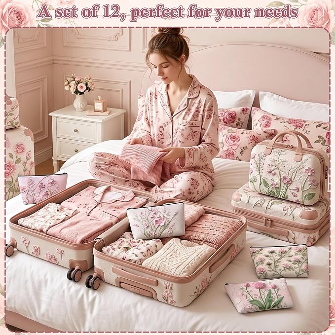 Sweetude 12 Pcs Pink Relief Flower Makeup Bags Bulk Pink Portable Travel Cosmetic Bags with Zipper Oil Painting Floral Waterproof Roomy Travel Toiletry Organizer Storage Beauty Pouch for Women Gifts - Image 6