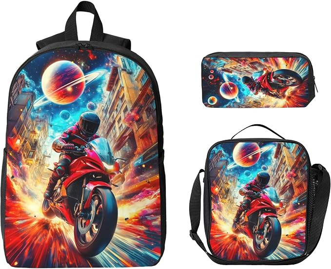 Motorcycle Kid Backpack Set with Lunch Bag & Pencil Case Large Capacity School Bag 17 Inch Bookbag for Boy Girl - Image 9
