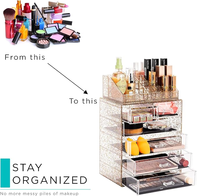 Sorbus Acrylic Makeup Organizer Set, 6-Drawer Vanity & Countertop Cosmetic Storage with Small & Wide Compartments, Glitter Makeup Storage for Brushes, Jewelry – Holiday Gift for Women & Teens - Image 7