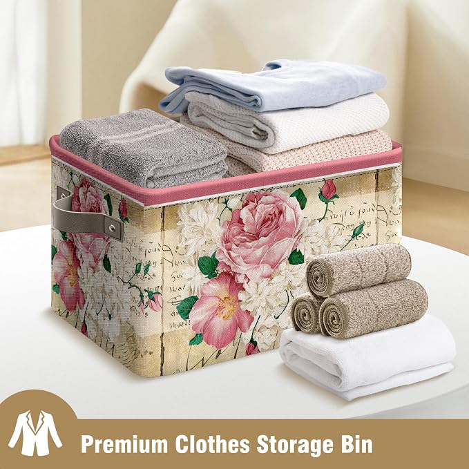 Vintage Rose Floral Foldable Baskets Storage Bins with Handles, Decorative Cloth Organizer Storage Boxes 2 sets - Image 9