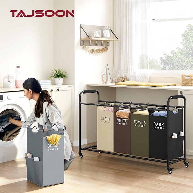 Tajsoon 5 Bag Laundry Sorter Cart, Laundry Hamper Sorter Basket with Heavy Duty Lockable Rolling Wheels for Clothes Storage, 5 Colors - Image 8