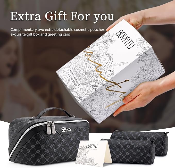 BOYATU Travel Makeup Bag Cosmetic Bags for Women: 3 Pcs Set Large Capacity Make up Bag with Handle - Vegan Leather Toiletry Bags with Compartments - Makeup Organizer for Travel Essentials(A-7-Black) - Image 6