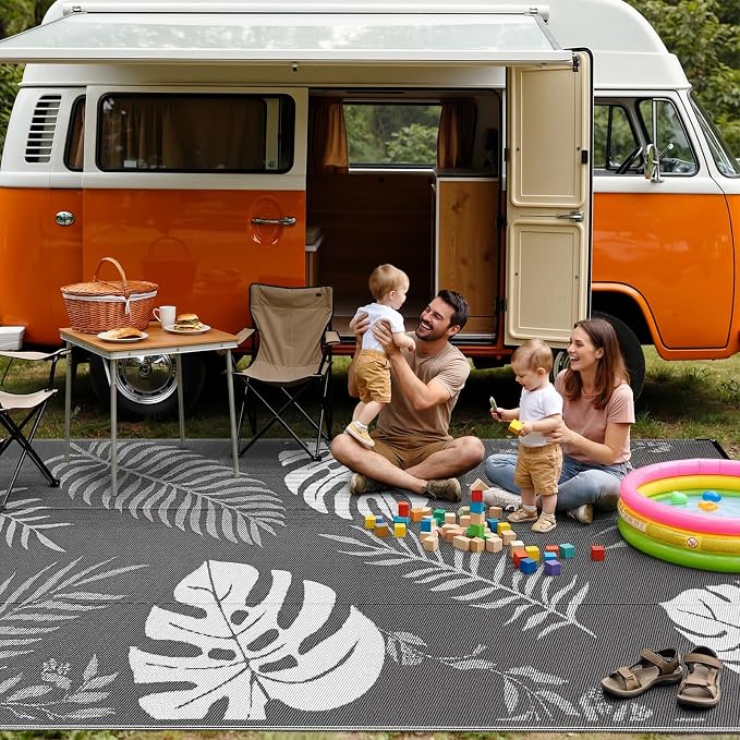 GOTGELIF Massive Outdoor Patio Rug - 9x12FT, Reversible & Water-Resistant & Wear-Resistant & Plastic Straw Outdoor Area Rug for Patio & Camping & RV - Gray Leaf - Image 9