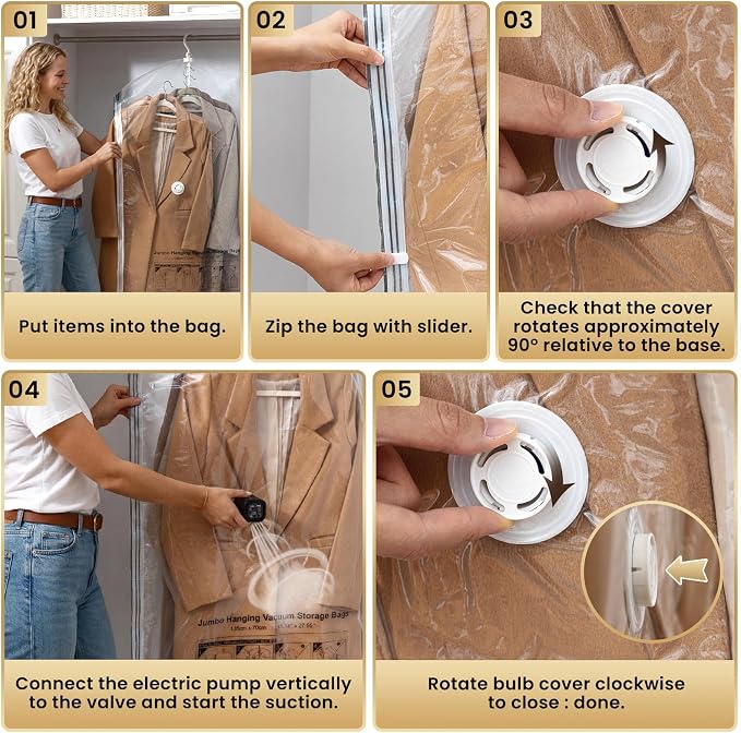 TAILI Hanging Vacuum Storage Bags with Electric Air Pump, Vacuum Seal Bags for Clothing Travel, Space Saving Hangers for Clothes, Coats, Suits and Jackets, Set of 4(2 Long, 2 Short) - Image 9