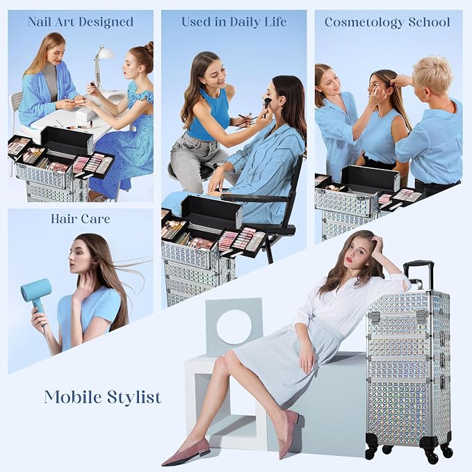 Stagiant Rolling Makeup Case Cosmetology Case on Wheels 4 in 1 Large Cosmetic Organizer Train Case Makeup Travel Case with Key Nail Artist Salon Storage Traveling Cart Big Trunk Shiny Silver - Image 7