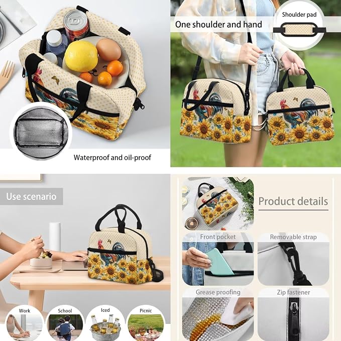 4 Pcs Sunflower Chicken Print Kids Backpack Girls Flower Butterfly Rooster Schoolbag with Insulated Lunchbag Crossbody Water Holder Case Pencil Box,Preschool Students Bookbag Set for School - Image 5
