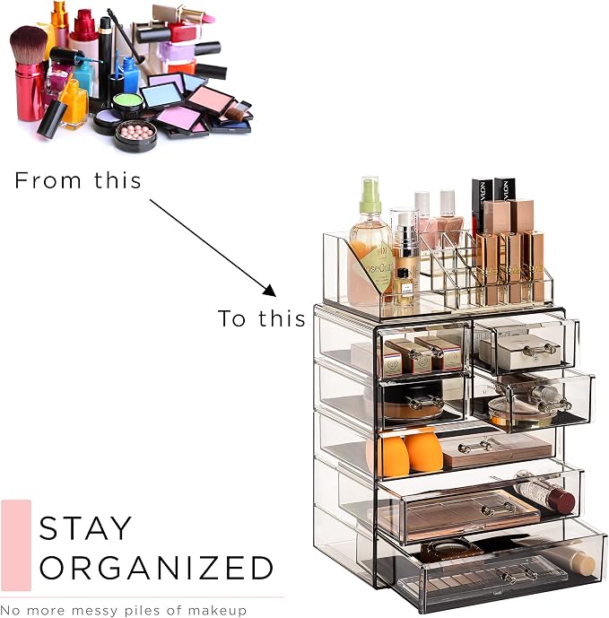 Sorbus Acrylic Makeup Organizer Set, 7-Drawer Vanity & Countertop Cosmetic Storage with Small & Wide Compartments, Black-Tint Makeup Storage for Brushes, Jewelry – Holiday Gift for Women & Teens - Image 7