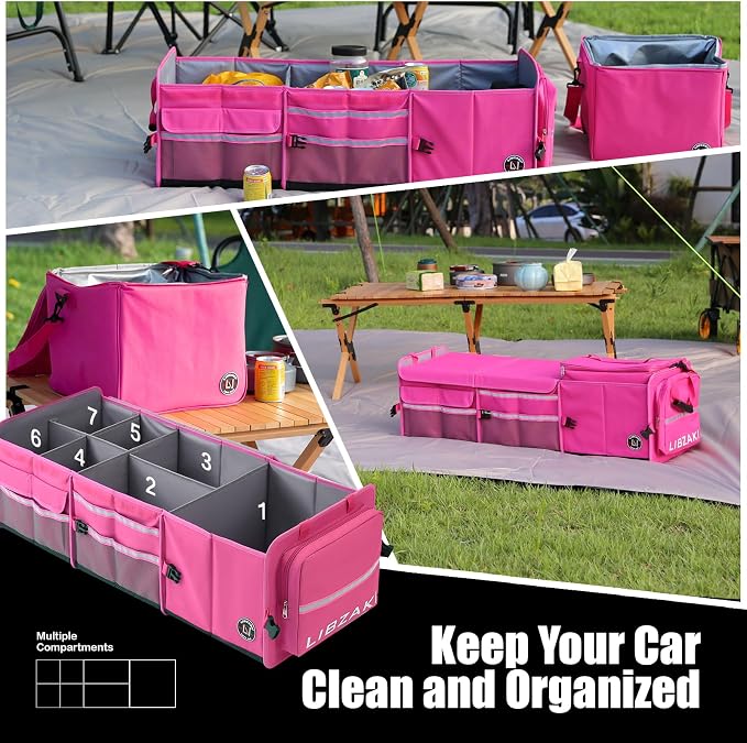 LIBZAKI Oversize 4 in 1 Car Trunk Storage Organizer, Multi Compartment Collapsible Trunk Storage Box with Cooler Bag for Car Truck SUV-Rose red - Image 7