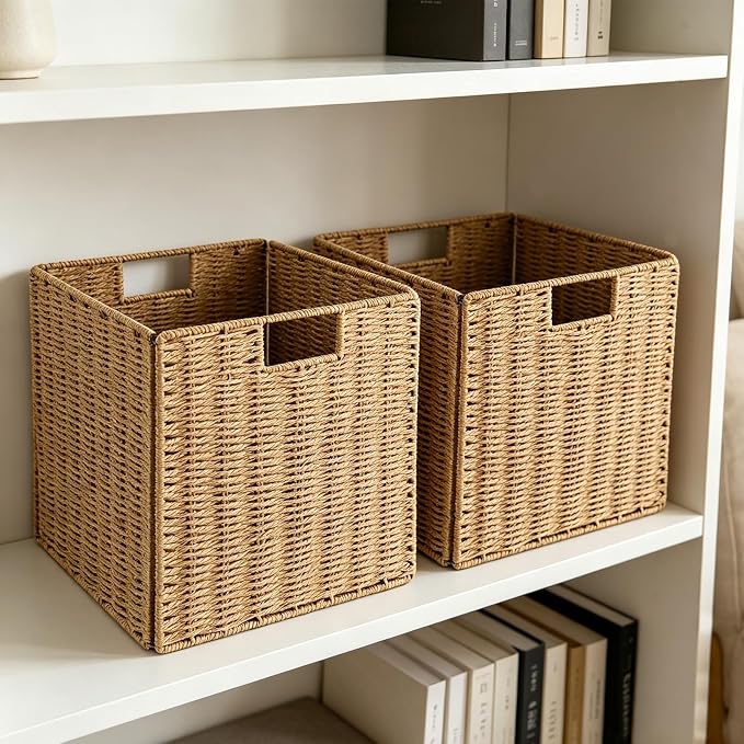 Vagusicc Wicker Storage Basket, Set of 2 Hand-Woven Wicker Basket, 11 inch Storage Baskets for Organizing and Decor, Foldable Cube Storage Organizer Bins Baskets for Shelves, Woven Basket, Natural - Image 8