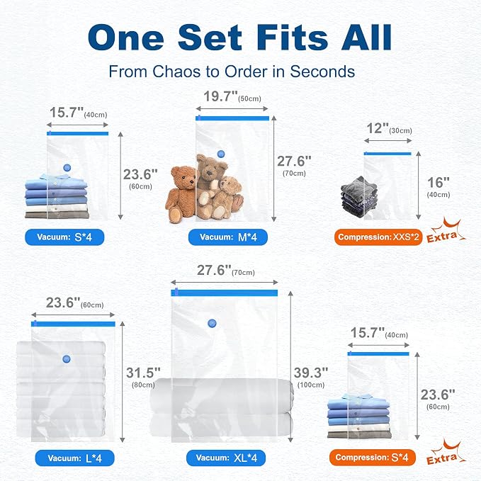 HOUSE DAY 22 Pack Vacuum Storage Bags with Pump,Space Saving Vacuum Seal Bags For Clothing Travel,4 Jumbo/4 Large/4 Medium/4 Small, 4S Roll/2XXS Roll Bags, Hand Pump Included, Sealer Clothes Storage - Image 9