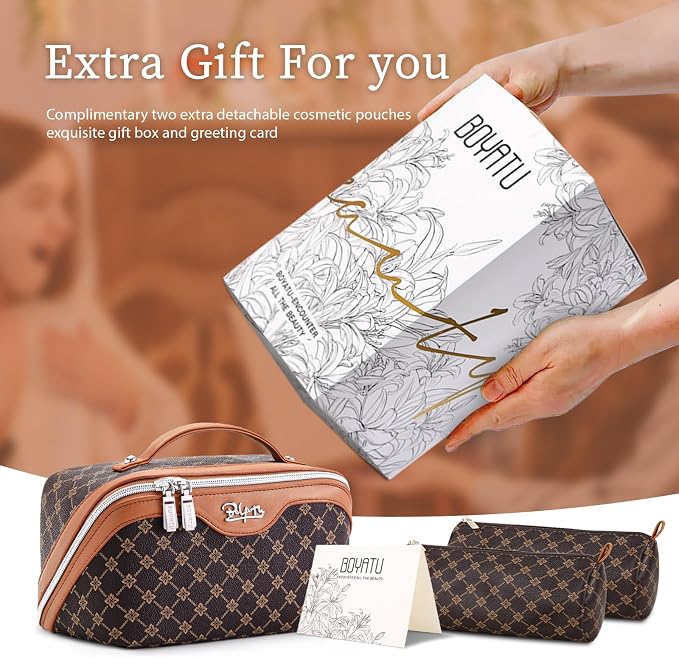 BOYATU Travel Makeup Bag Cosmetic Bags for Women: 3 Pcs Set Large Portable Make up Bag with Handle - Vegan Leather Toiletry Bags with Compartments - Makeup Organizer for Travel Essentials(A-1-Coffee) - Image 6