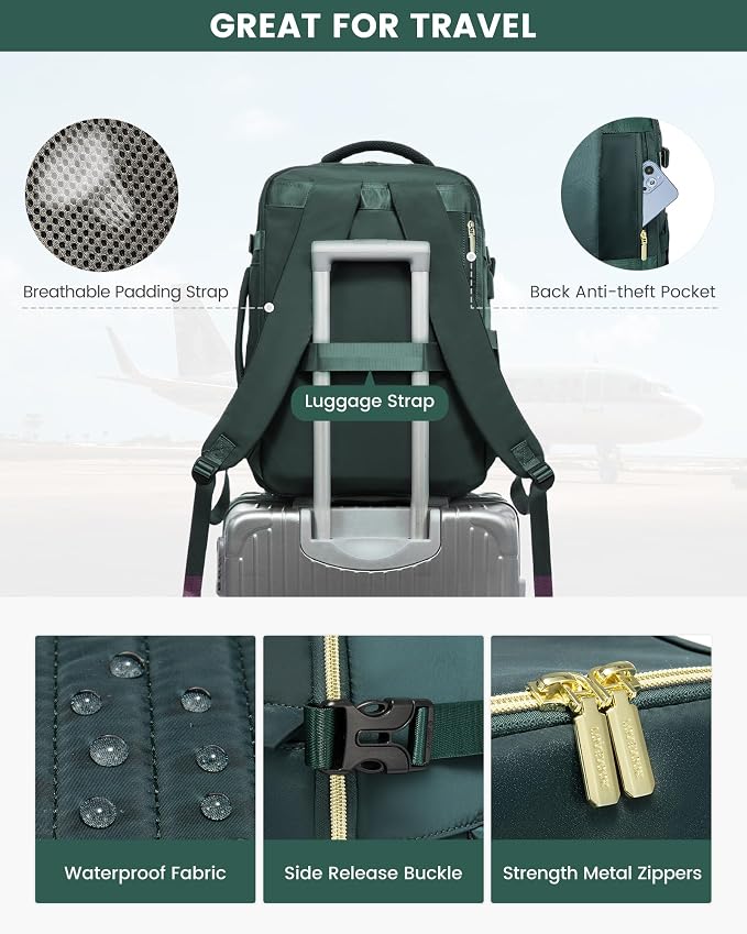 LOVEVOOK Large Travel Backpack for Women, TSA Carry on Backpack for Airplanes, 40L Personal Item Travel Bag fits 17" Laptop, Waterproof Carry on Bag Flight Approved with 4 Packing Cubes - Image 7