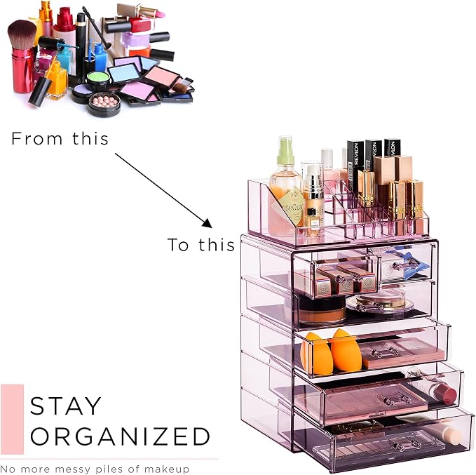 Sorbus Acrylic Makeup Organizer Set, 6-Drawer Vanity & Countertop Cosmetic Storage with Small & Wide Compartments, Purple Makeup Storage for Brushes, Jewelry – Holiday Gift for Women & Teens - Image 7