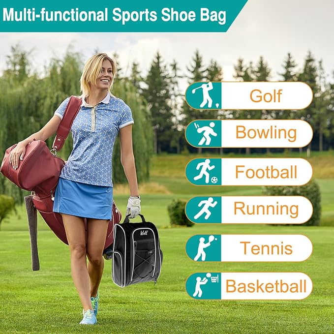 Wolt |Golf Shoe Bag for Travel- Zippered Shoes Carrier Bags with Ventilation & Double Outside Accessory Pocket for Socks, Tees, Golf Balls, Etc. for Women and Men (Black) - Image 6