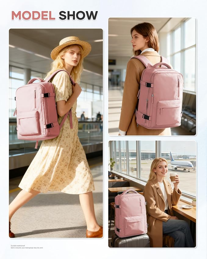 WONHOX Large Travel Backpack Women, Carry On Backpack,Hiking Backpack Waterproof Outdoor Sports Rucksack Casual Daypack with Shoes Compartment, Pink - Image 8