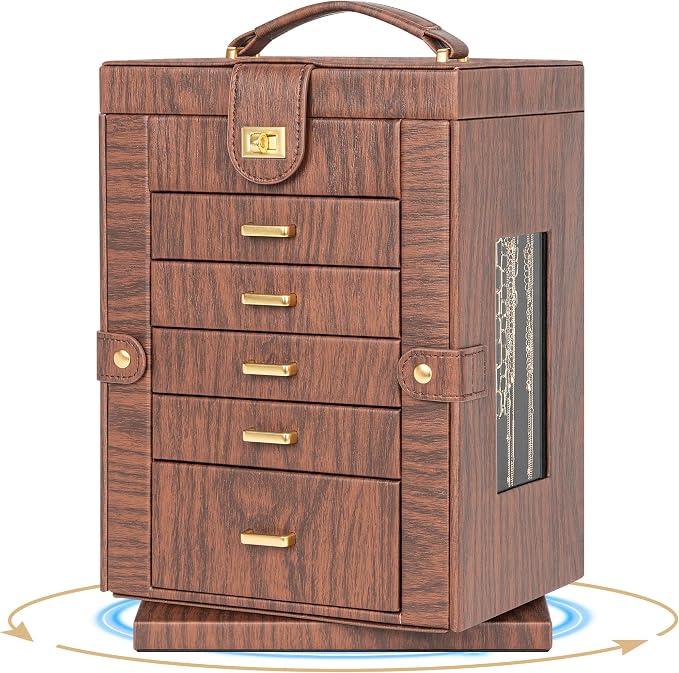 AKOZLIN 6-Tier Jewelry Box Organizer Functional 5 Drawers Leather Jewelry Storage Case for Women Girls Ring Necklace Earring Bracelet Holder Organizer with Mirror Red 360° Rotating - Image 8