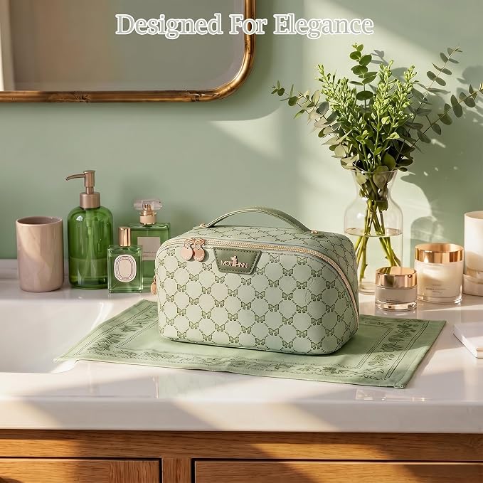 Travel Makeup Bags for Women: 3 Pcs Set Luxury Bow Print Make up Bag - Large Capacity Cosmetic Case - 3–15 Day Travel Toiletry Organizer Bag, Comes with An Gift Box(Ragweed green) - Image 7