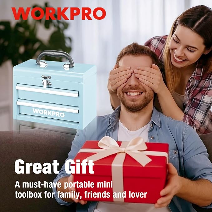 WORKPRO Portable Mini Metal Tool Box with 2 Drawers | Metal Tool Chest, Ball Bearing Slides, Top Storage, Latch Handle, PVC Drawer Liners, PP Feet Pads - Image 8