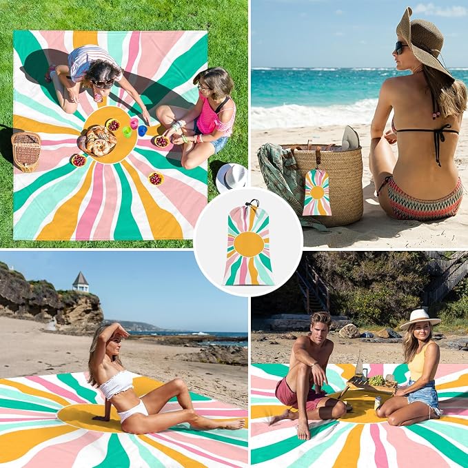 Beach Blanket Waterproof Sandproof, Large Picnic Blankets with Stakes and Storage Bag, Lightweight Quick Drying, Compact Beach Mat Vacation Essentials for Outdoors, Camping, Trips-Spring Sunshine - Image 8